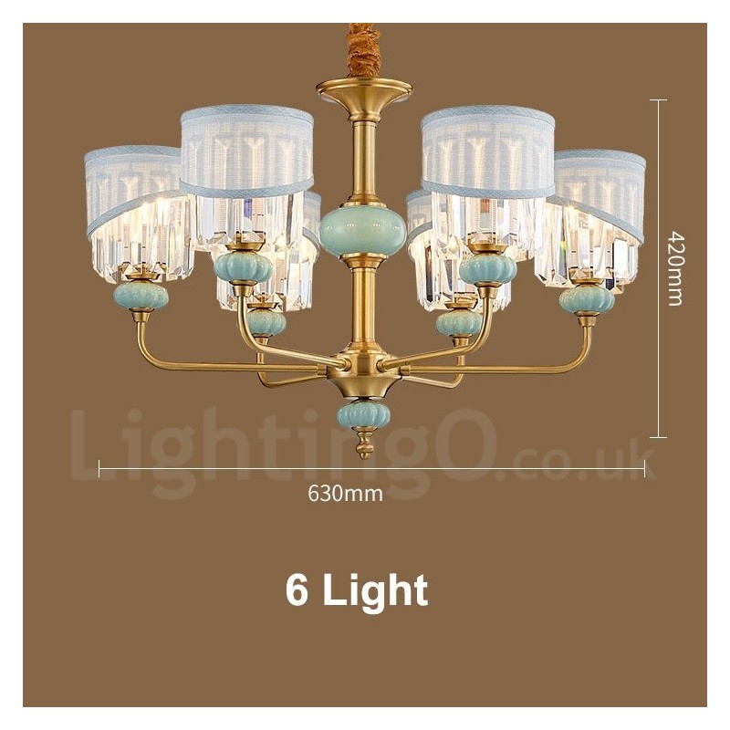 Lampadario a sospensione rustico retrò vintage in ottone e ceramica con paralumi in tessuto e cristallo