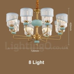 Lampadario a sospensione rustico retrò vintage in ottone e ceramica con paralumi in tessuto e cristallo