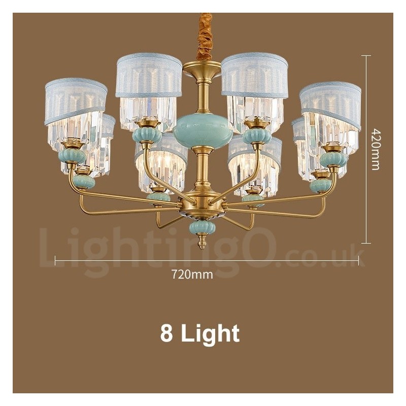 Lampadario a sospensione rustico retrò vintage in ottone e ceramica con paralumi in tessuto e cristallo