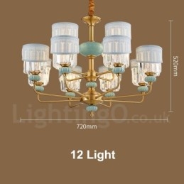 Lampadario a sospensione rustico retrò vintage in ottone e ceramica con paralumi in tessuto e cristallo