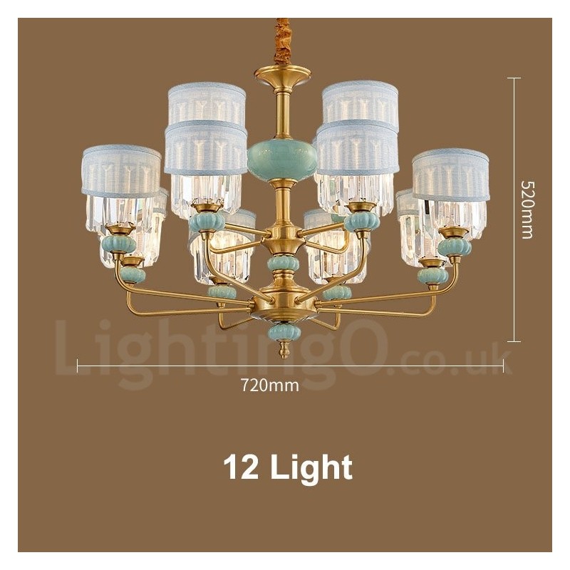 Lampadario a sospensione rustico retrò vintage in ottone e ceramica con paralumi in tessuto e cristallo