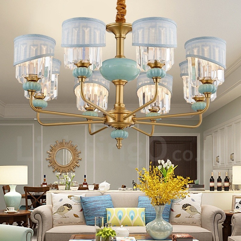 Lampadario a sospensione rustico retrò vintage in ottone e ceramica con paralumi in tessuto e cristallo