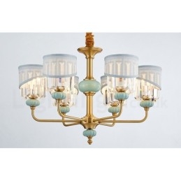 Lampadario a sospensione rustico retrò vintage in ottone e ceramica con paralumi in tessuto e cristallo