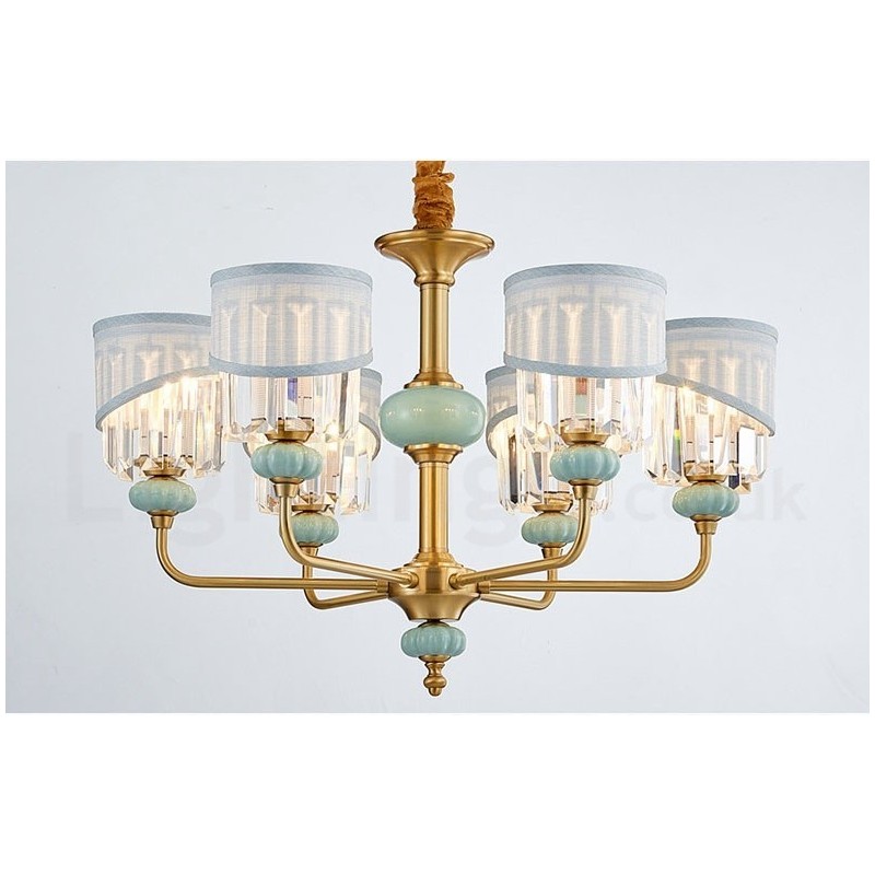 Lampadario a sospensione rustico retrò vintage in ottone e ceramica con paralumi in tessuto e cristallo