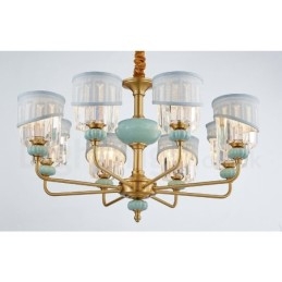Lampadario a sospensione rustico retrò vintage in ottone e ceramica con paralumi in tessuto e cristallo