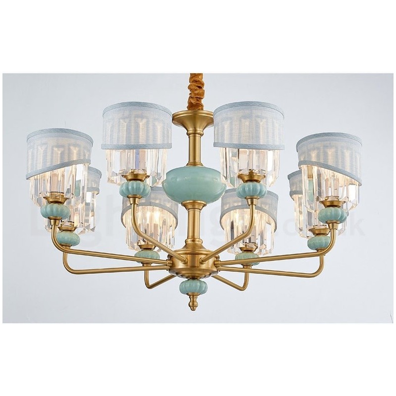 Lampadario a sospensione rustico retrò vintage in ottone e ceramica con paralumi in tessuto e cristallo