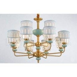 Lampadario a sospensione rustico retrò vintage in ottone e ceramica con paralumi in tessuto e cristallo