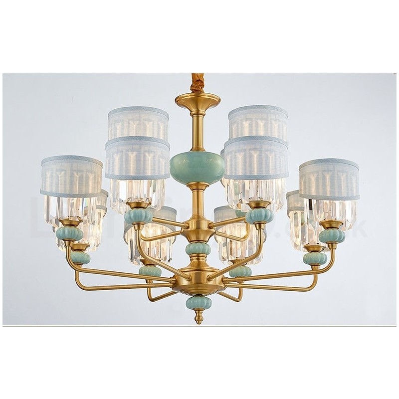 Lampadario a sospensione rustico retrò vintage in ottone e ceramica con paralumi in tessuto e cristallo