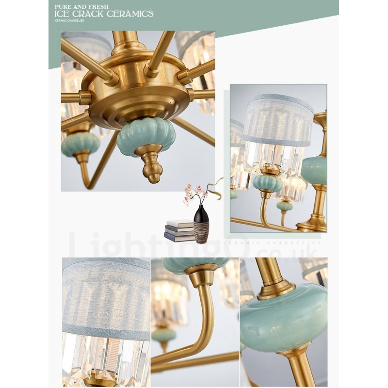 Lampadario a sospensione rustico retrò vintage in ottone e ceramica con paralumi in tessuto e cristallo