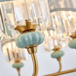 Lampadario a sospensione rustico retrò vintage in ottone e ceramica con paralumi in tessuto e cristallo