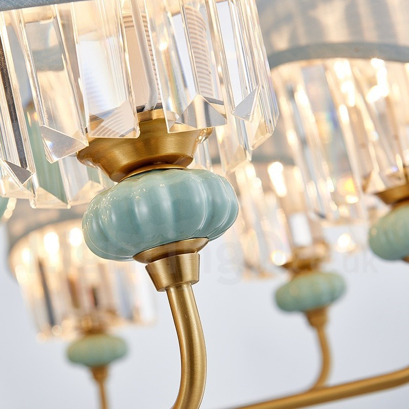 Lampadario a sospensione rustico retrò vintage in ottone e ceramica con paralumi in tessuto e cristallo