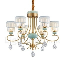 Lampadario a sospensione rustico retrò vintage in ottone e ceramica con paralumi in tessuto e cristallo