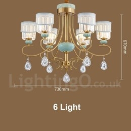 Lampadario a sospensione rustico retrò vintage in ottone e ceramica con paralumi in tessuto e cristallo