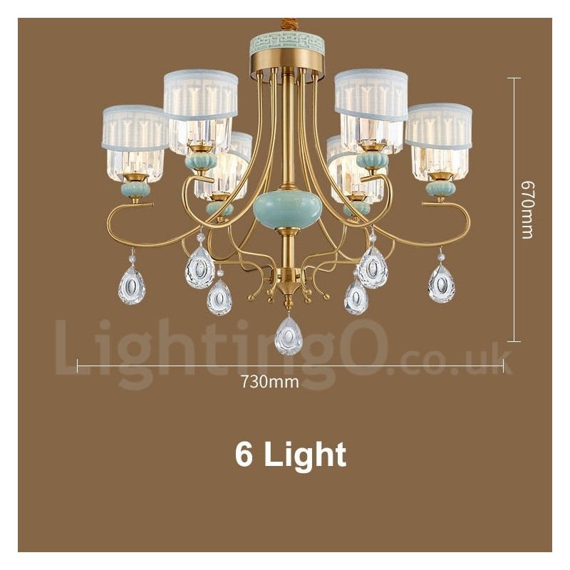 Lampadario a sospensione rustico retrò vintage in ottone e ceramica con paralumi in tessuto e cristallo