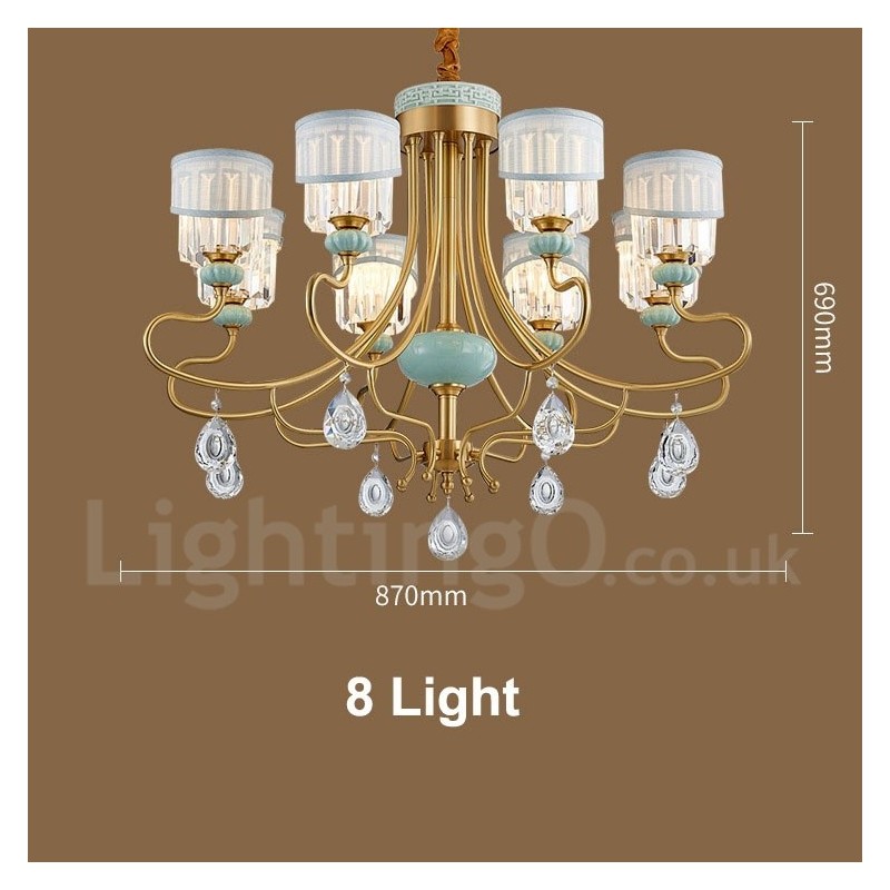 Lampadario a sospensione rustico retrò vintage in ottone e ceramica con paralumi in tessuto e cristallo