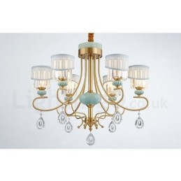 Lampadario a sospensione rustico retrò vintage in ottone e ceramica con paralumi in tessuto e cristallo