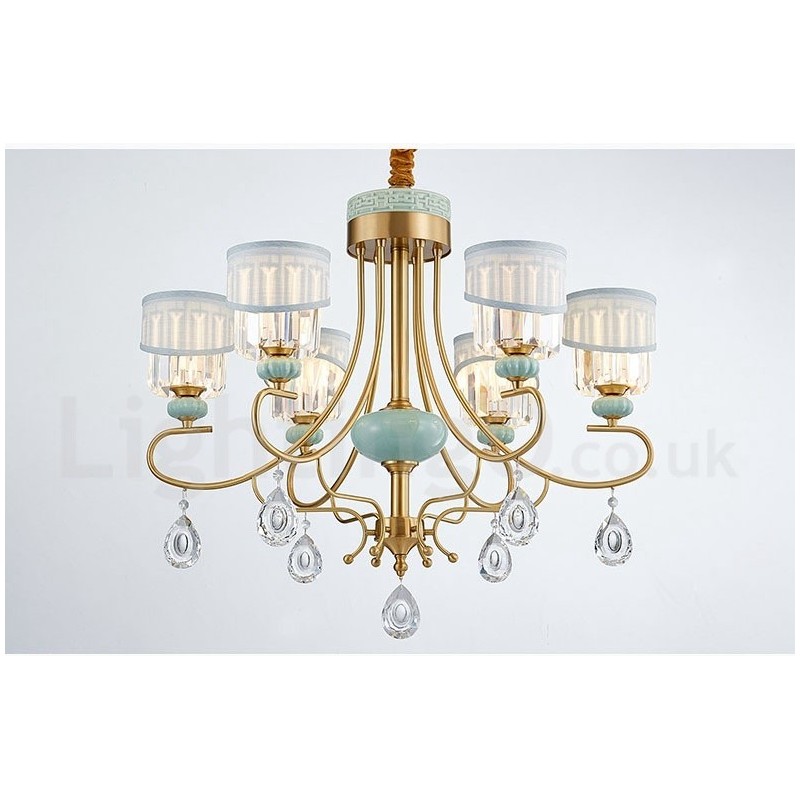 Lampadario a sospensione rustico retrò vintage in ottone e ceramica con paralumi in tessuto e cristallo