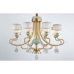 Lampadario a sospensione rustico retrò vintage in ottone e ceramica con paralumi in tessuto e cristallo