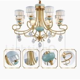 Lampadario a sospensione rustico retrò vintage in ottone e ceramica con paralumi in tessuto e cristallo