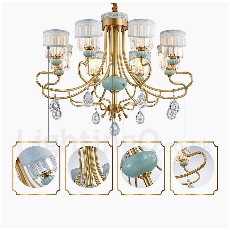 Lampadario a sospensione rustico retrò vintage in ottone e ceramica con paralumi in tessuto e cristallo