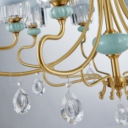 Lampadario a sospensione rustico retrò vintage in ottone e ceramica con paralumi in tessuto e cristallo