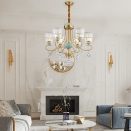 Lampadario a sospensione rustico retrò vintage in ottone e ceramica con paralumi in tessuto e cristallo