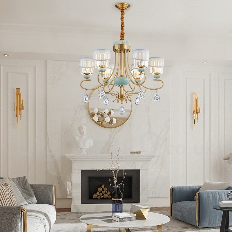 Lampadario a sospensione rustico retrò vintage in ottone e ceramica con paralumi in tessuto e cristallo