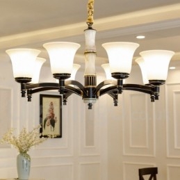 Lampadario a sospensione in ottone e pietra con paralumi in vetro, stile rustico retrò vintage
