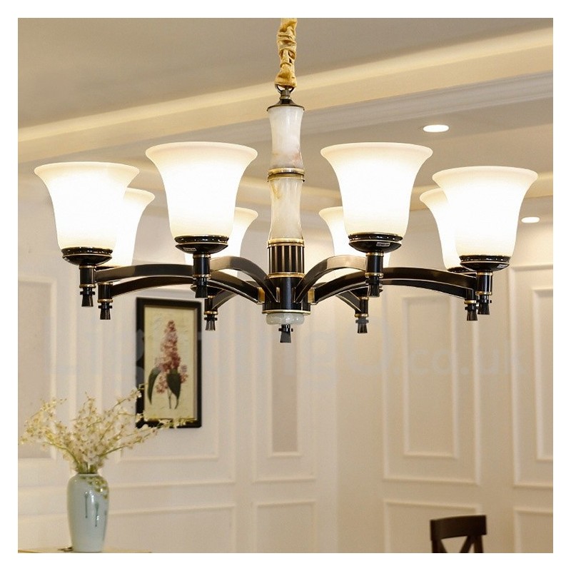 Lampadario a sospensione in ottone e pietra con paralumi in vetro, stile rustico retrò vintage