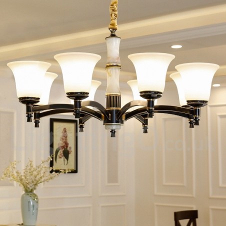 Lampadario a sospensione in ottone e pietra con paralumi in vetro, stile rustico retrò vintage