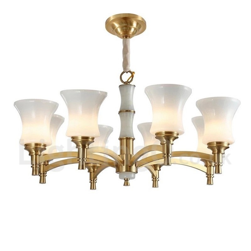Lampadario a sospensione in ottone e pietra con paralumi in vetro, stile rustico retrò vintage