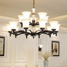 Lampadario a sospensione in ottone e pietra con paralumi in vetro, stile rustico retrò vintage