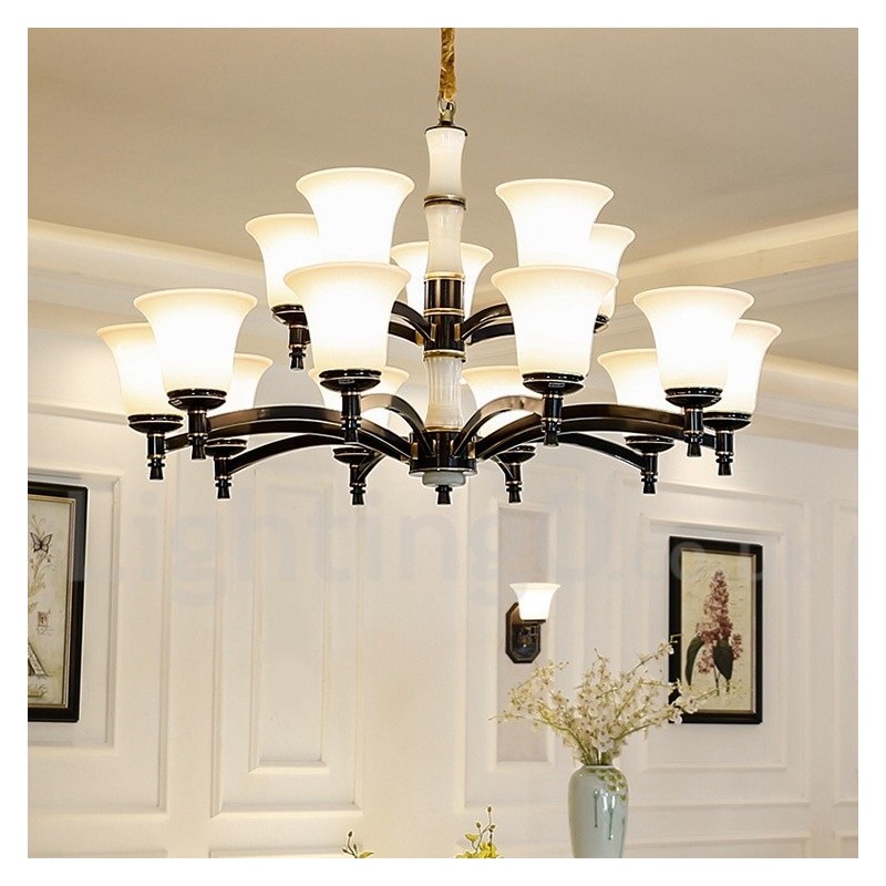Lampadario a sospensione in ottone e pietra con paralumi in vetro, stile rustico retrò vintage