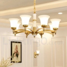 Lampadario a sospensione in ottone e pietra con paralumi in vetro, stile rustico retrò vintage