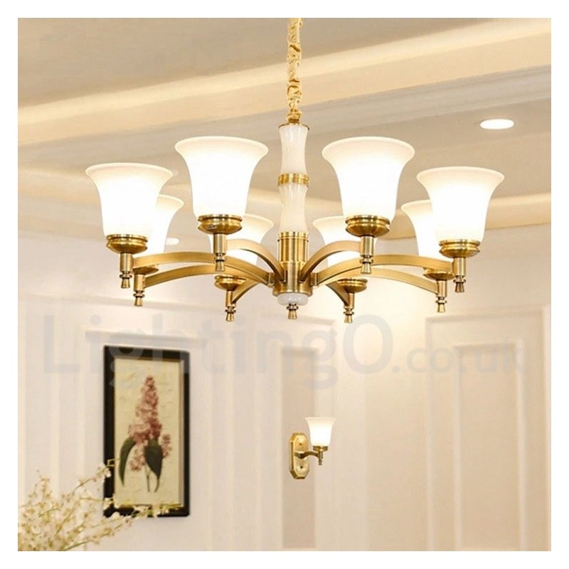 Lampadario a sospensione in ottone e pietra con paralumi in vetro, stile rustico retrò vintage
