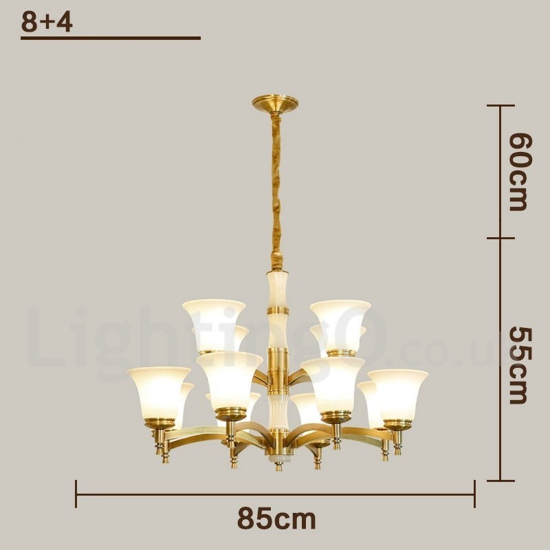 Lampadario a sospensione in ottone e pietra con paralumi in vetro, stile rustico retrò vintage