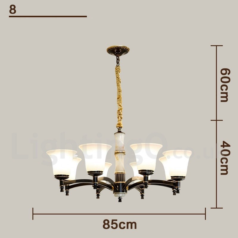 Lampadario a sospensione in ottone e pietra con paralumi in vetro, stile rustico retrò vintage