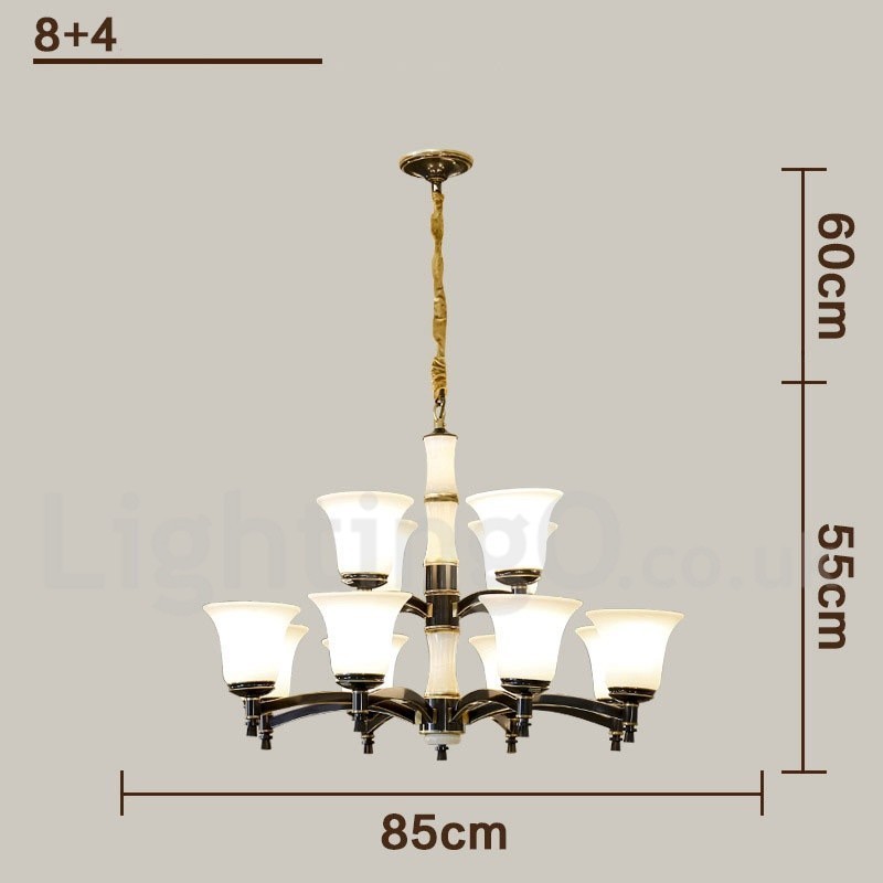 Lampadario a sospensione in ottone e pietra con paralumi in vetro, stile rustico retrò vintage