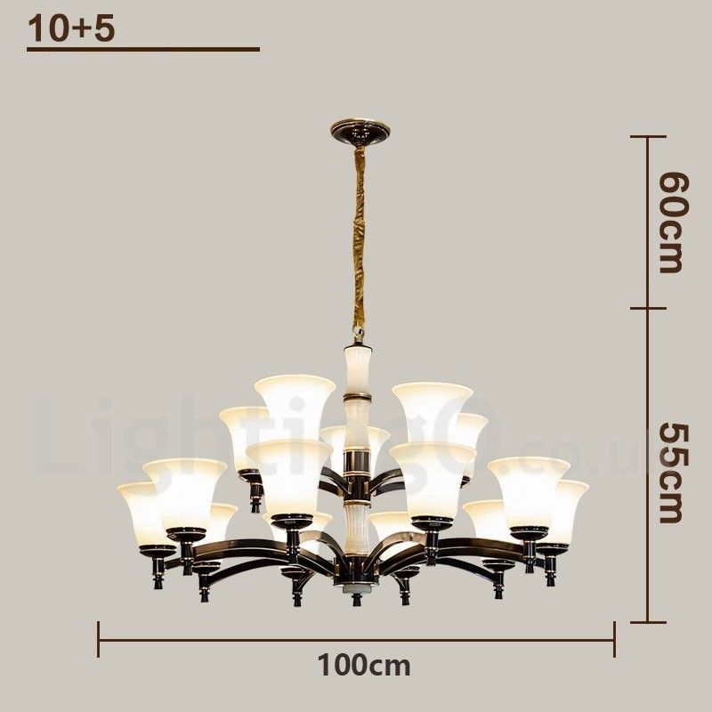 Lampadario a sospensione in ottone e pietra con paralumi in vetro, stile rustico retrò vintage
