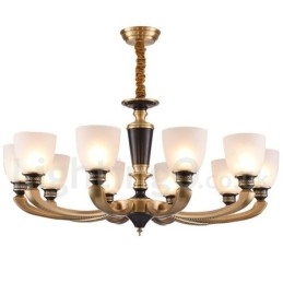 Lampadario a candela in ottone con paralumi in vetro, stile rustico retrò vintage