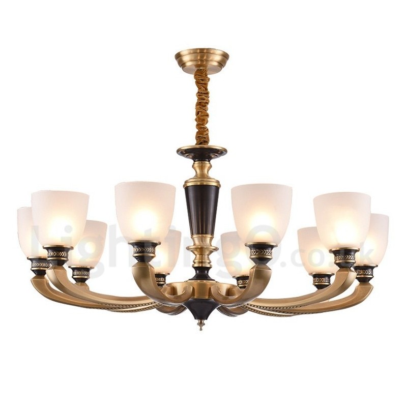 Lampadario a candela in ottone con paralumi in vetro, stile rustico retrò vintage