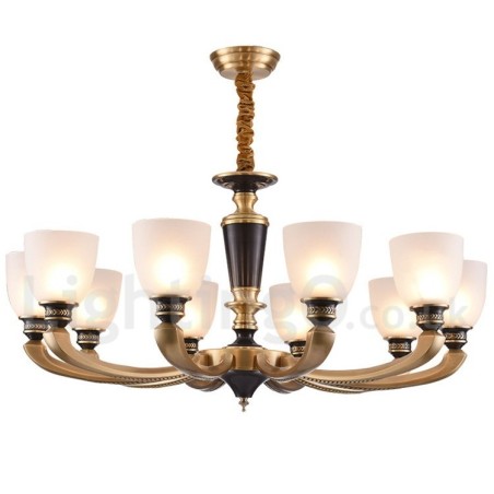 Lampadario a candela in ottone con paralumi in vetro, stile rustico retrò vintage