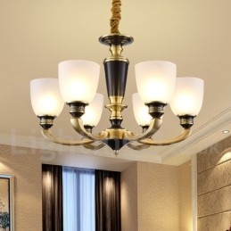 Lampadario a candela in ottone con paralumi in vetro, stile rustico retrò vintage