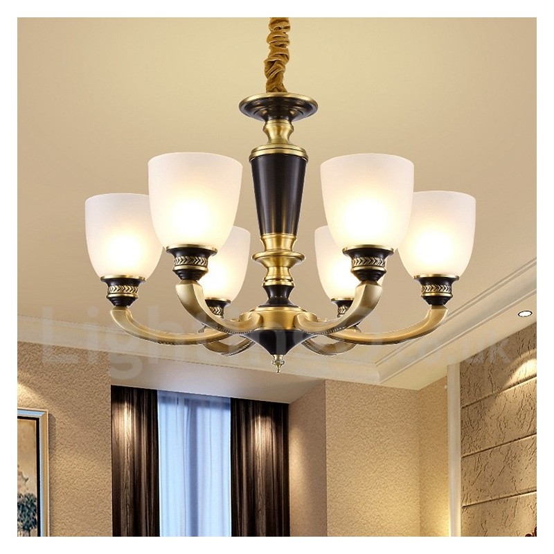 Lampadario a candela in ottone con paralumi in vetro, stile rustico retrò vintage