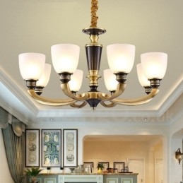 Lampadario a candela in ottone con paralumi in vetro, stile rustico retrò vintage