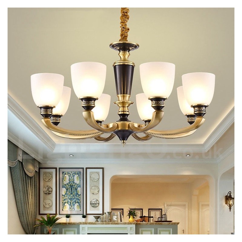 Lampadario a candela in ottone con paralumi in vetro, stile rustico retrò vintage
