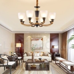 Lampadario a candela in ottone con paralumi in vetro, stile rustico retrò vintage