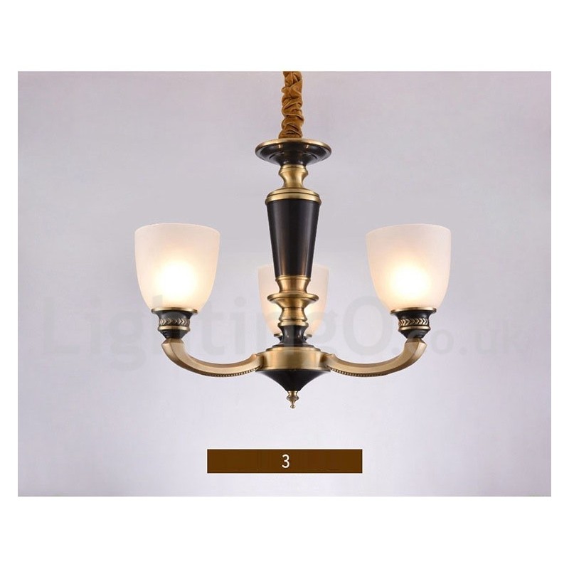 Lampadario a candela in ottone con paralumi in vetro, stile rustico retrò vintage