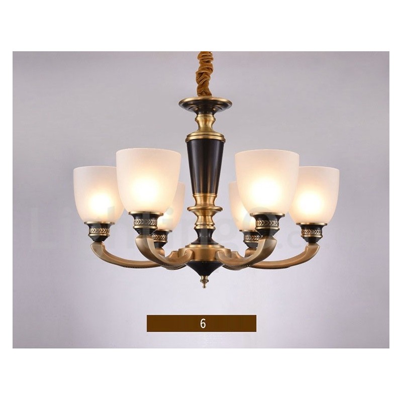 Lampadario a candela in ottone con paralumi in vetro, stile rustico retrò vintage