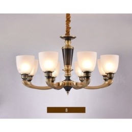 Lampadario a candela in ottone con paralumi in vetro, stile rustico retrò vintage